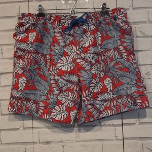Eddie Bauer Men's Size 2XL Swim Shorts Red White Blue Hawaiian Pockets Elastic